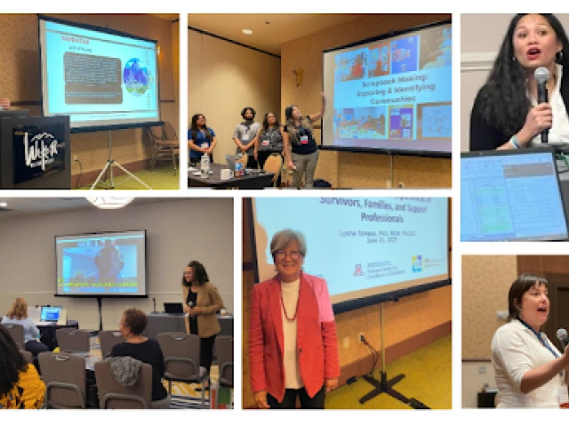 Collage of photos depicting people presenting at conferences