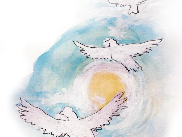 Painting of white birds flying off into the sky.