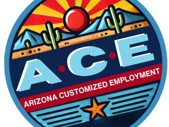 Logo for ACE (Arizona Customized Employment) featuring the ACE acronym in a circle with a desert mountain sunset above and a stylized Arizona state flag below.