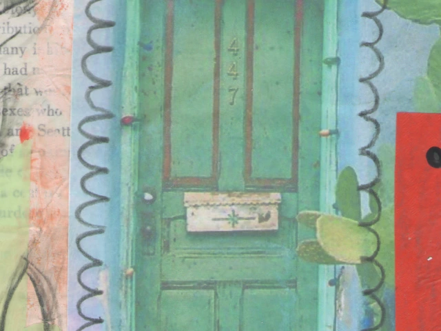 vine, paper, blue, and red door art