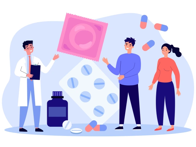 Drawing of a doctor in a white coat wth a clipboard standing next to two people with images of pills, condoms, and pill bottles between them.