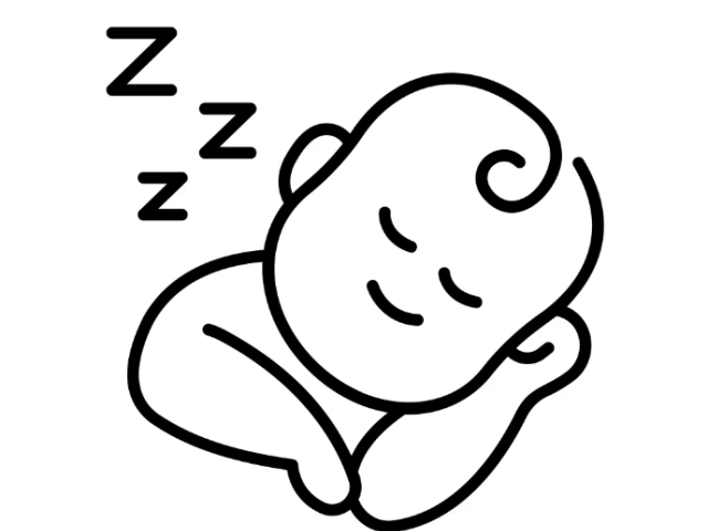 Drawing of a baby sleeping with its head one of its hands. 