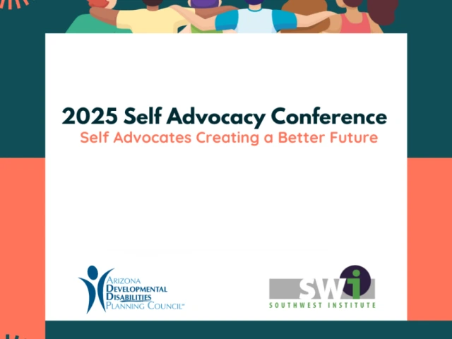 A banner for the self-advocacy conference 2025, which features a stylized cartoon of people of various ethnicities with their hands over each other's shoulders.