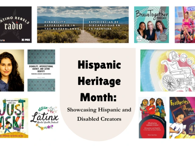 A collage of images related to or by Hispanic Disabled creators. In the middle it says: Hispanic Heritage Month: Showcasing Hispanic and Disabled Creators