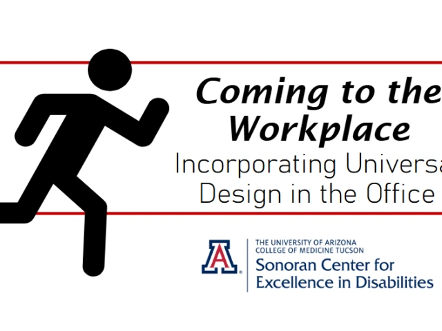 A stylized silhouette of a running person, with the words 'Coming to the Workplace: Incorporating Universal Design in the Office