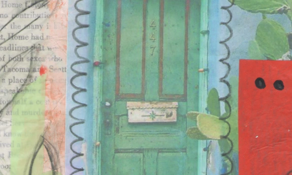 vine, paper, blue, and red door art