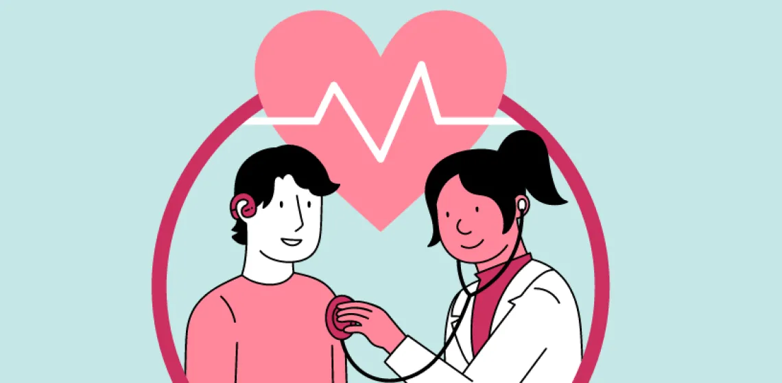 Illustration of doctor holding a stethoscope to the chest of a man wearing a hearing aid