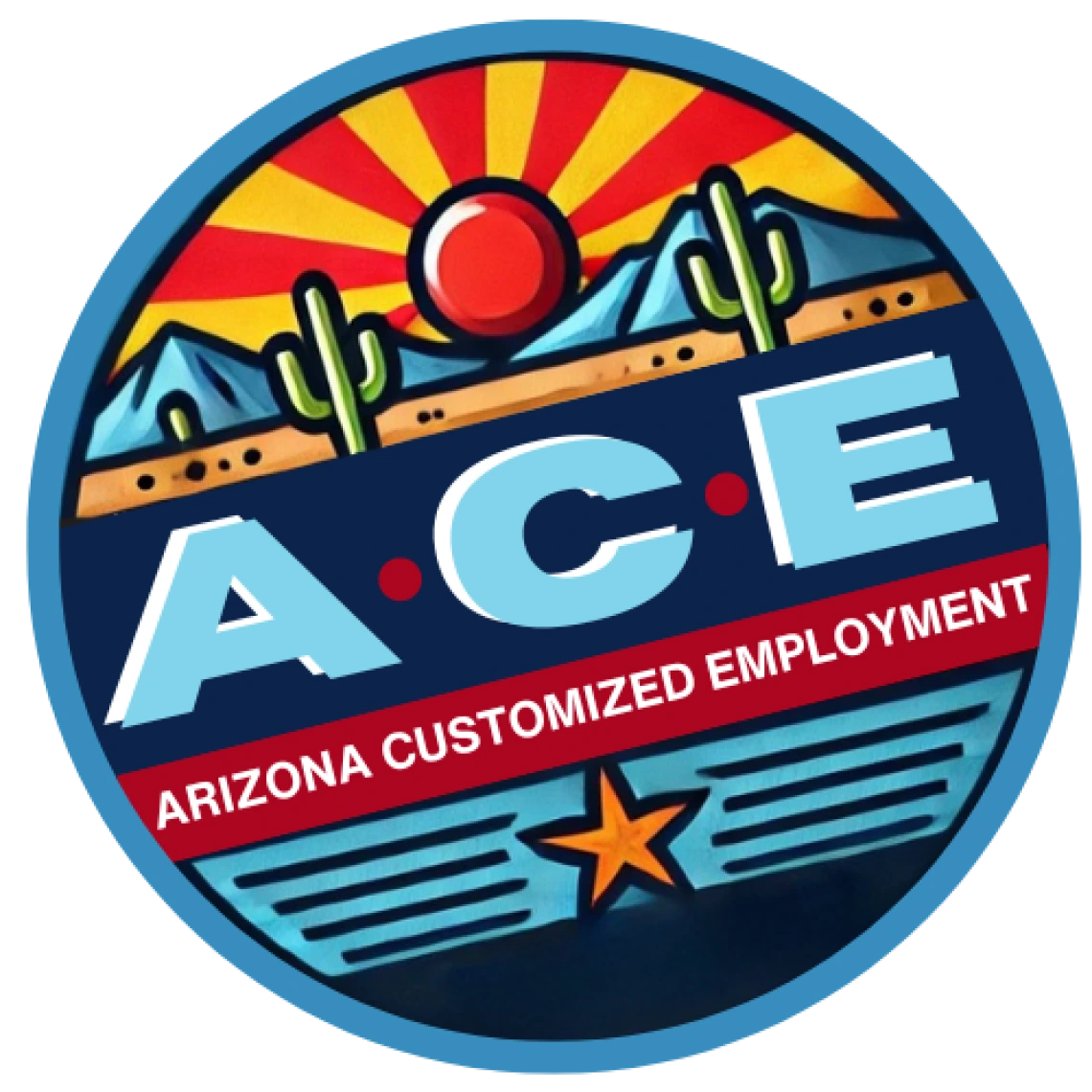 Logo for ACE (Arizona Customized Employment) featuring the ACE acronym in a circle with a desert mountain sunset above and a stylized Arizona state flag below.