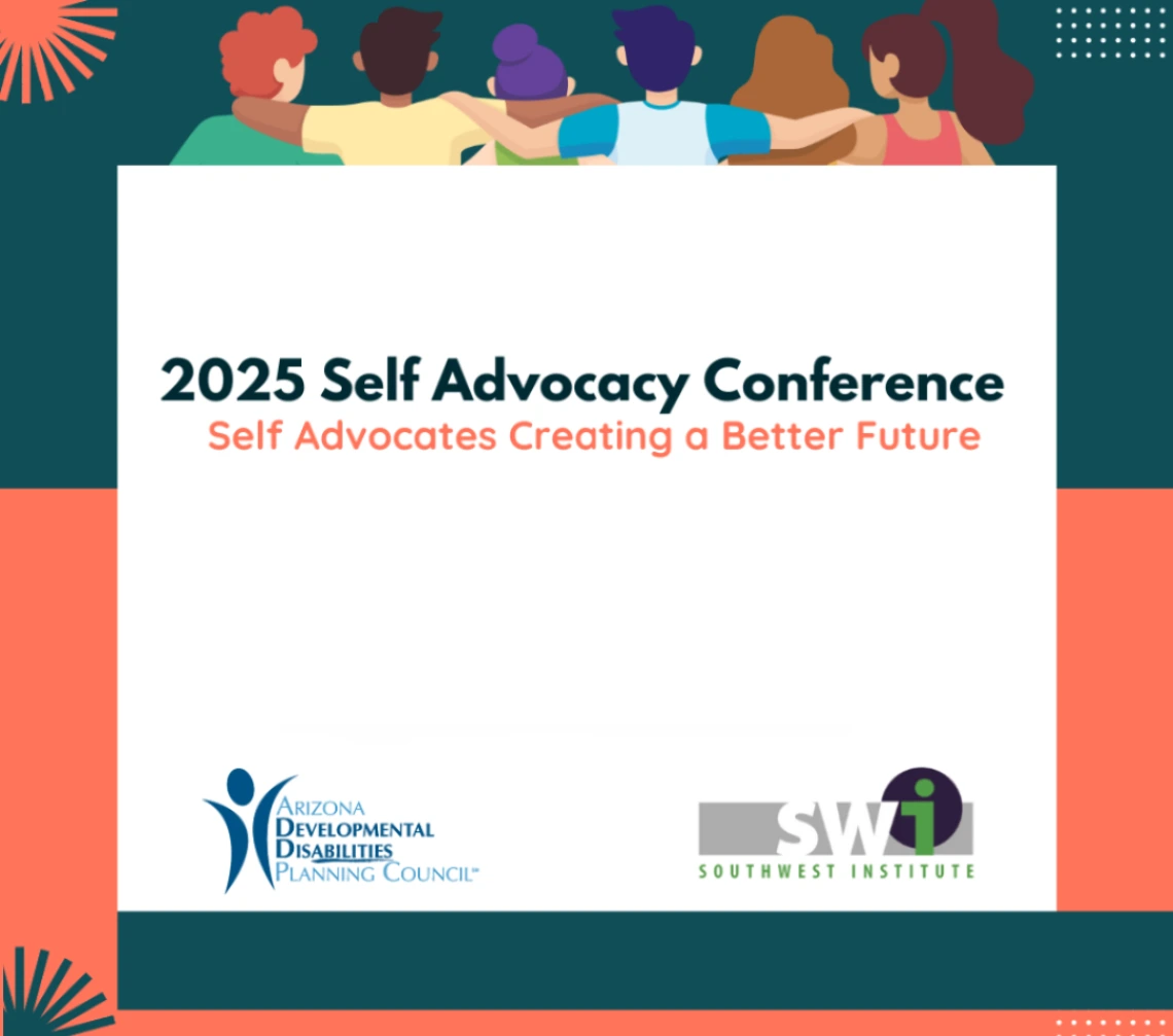 A banner for the self-advocacy conference 2025, which features a stylized cartoon of people of various ethnicities with their hands over each other's shoulders.