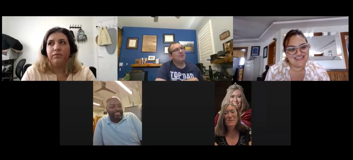 Jacqueline Cuevas, Jason Snead, Ashleigh Moon, Mark Taylor, and Sharon Sloane in Zoom windows