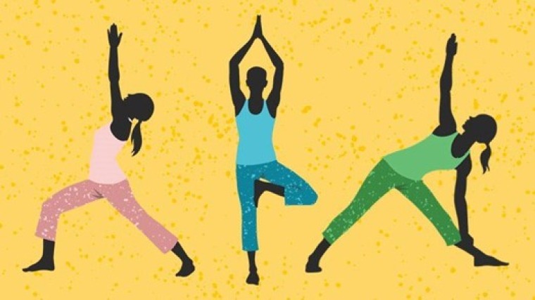 black-colored silhouettes, wearing yoga clothes, in yoga poses