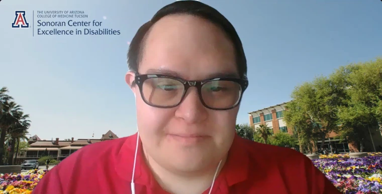 Gabe Martinez discusses job hunting. He is wearing a red collared shirt and is superimposed in front of a flower garden background with the Sonoran Center logo in the corner