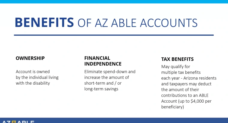 A slide from Jason and Brittany’s presentation. It reads, “Benefits of AZ ABLE accounts. Ownership: account is owned by the individual living with the disability. Financial Independence: Eliminate spend-down and increase the amount of short-term and/or long term savings. Tax Benefits: May qualify for multiple tax benefits each year - Arizona residents and taxpaters may deduct the amount of their contributions to an ABLE account (up to $4000 per beneficiary