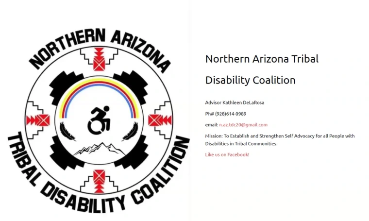 A slide from Elton’s presentation. The logo for the Northern Arizona Tribal Disability Coalition is on one side, with text on the other. The text reads, “Northern Arizona Tribal Disability Coalition. Advisor Kathleen DeLaRosa, Phone (928)614-0989. Email: n.az.tdc20@gmail.com. Mission: To establish and strengthen self-advocacy for all people with disabilities in tribal communities. Like us on Facebook!”