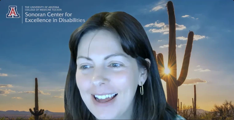 Loretta discusses job hunting. She is smiling in front of a desert sunset background with the Sonoran Center logo