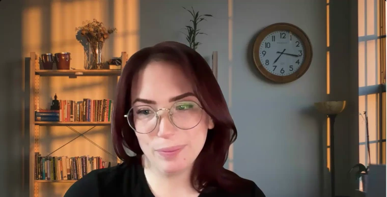 Danielle Duarte presenting on voter ID laws. She is superimposed in front of an indoor background at twilight