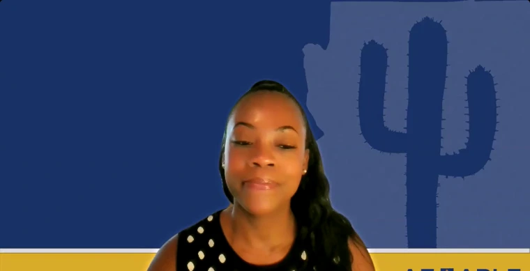 Brittany Chipley presenting on AZ ABLE accounts. She is in front of a blue background with the silhouette of the AZ state outline and smiling slightly