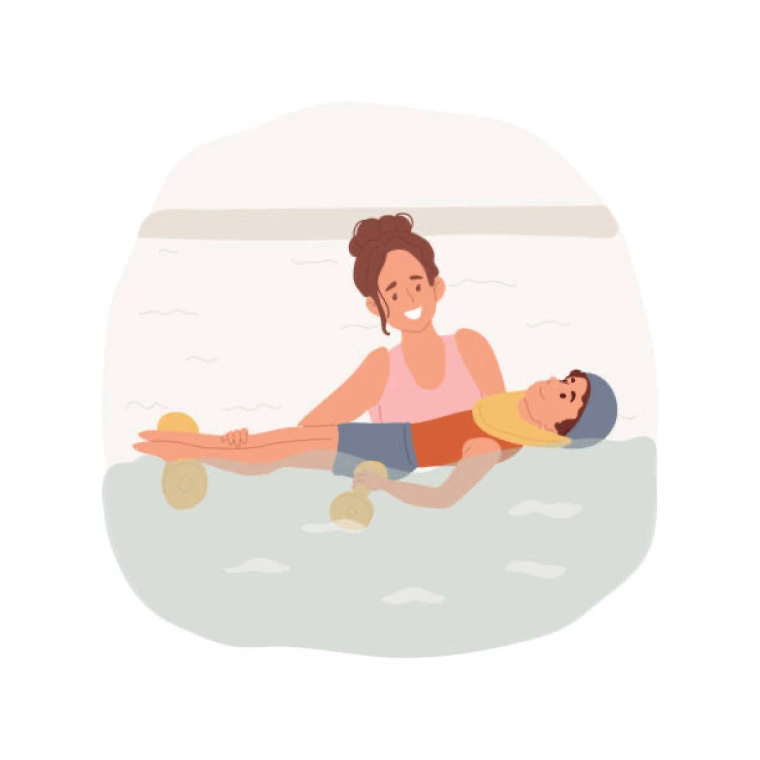 A stylized cartoon of a person in a pool, helping a child who is floating in the water. The child is supported by floating devices around their neck, hands, and feet, all in yellow. The person is smiling and holding the child gently while they float. Both appear to be in a calm and supportive environment, with the water surrounding them.