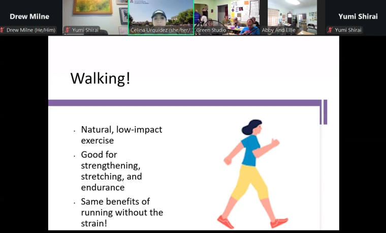 A screenshot from one of the HealthMatters lessons. It says, "Walking! Neutral, low impact exercise. Good for strengthening, stretching and endurance. Same benefits of running without the strain."