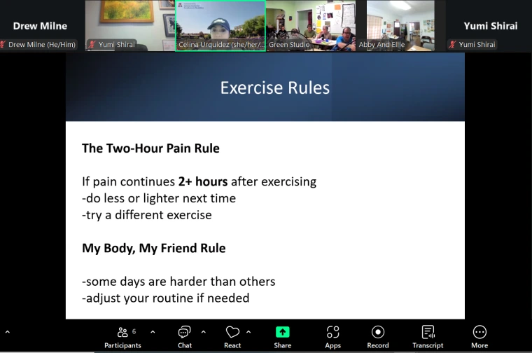 A screenshot from one of the HealthMatters lessons. It says "exercise rules: The two hour pain rule. If pain continues 2+ hours after exercise, do less or lighter next time or try a different exercise. My Body, My Friend Rule. Some days are harder than others, adjust your routine if needed"