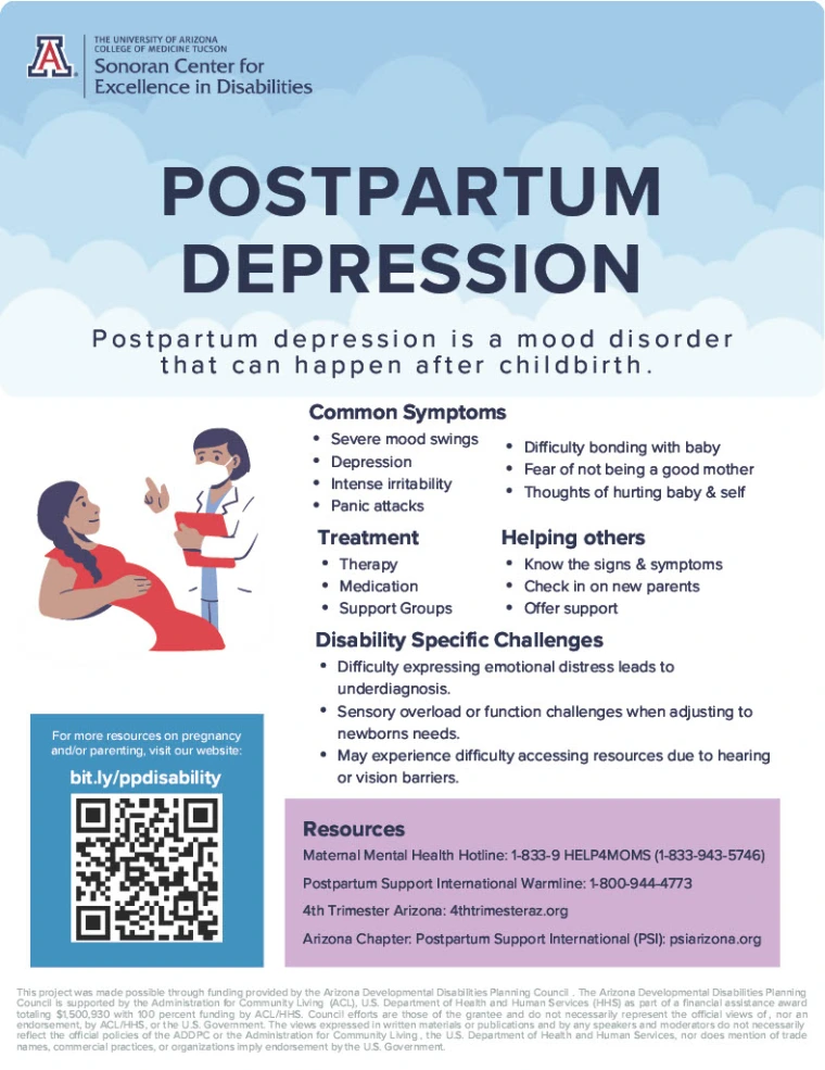 Postpartum Depression fact sheet in English. Click on the image for an accessible PDF.