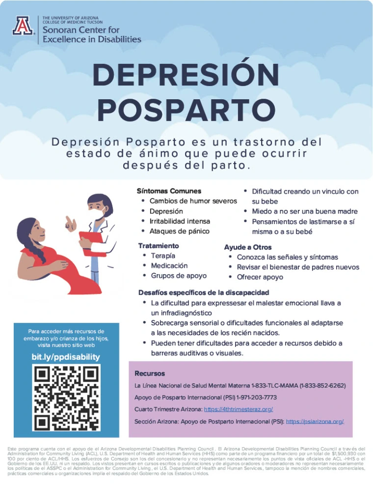 Postpartum Depression fact sheet in Spanish. Click on the image for an accessible PDF.