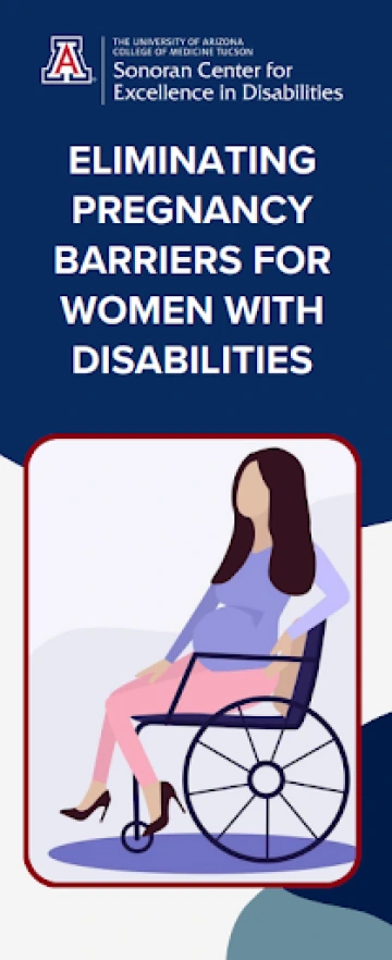 cover of Jess's flyer, Eliminating Pregnancy Barriers for Women with Disabilities", which has a stylized drawing of a woman in a wheelchair