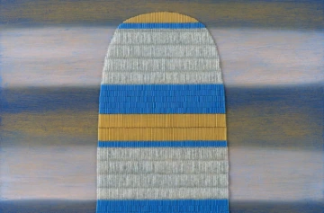 Image of a beaded Indigenous art that consists of colorful blue, yellow and white stripes