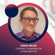 Man with short brown hair and glasses wearing a purple collared shirt, with words Drew Milne Content Coordinator and Peer Mentor