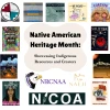 A collage of images related to Indigenous resources and creators. In the middle it says: Native American Heritage Month: Showcasing Indigenous Resources and Creators