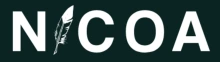 Logo with a black background. The logo reads NICOA with a feather replacing the "I"