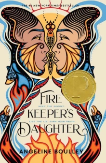 Cover of the book, Fire Keeper's Daughter by Angeline Boulley depicting two mirrored faces staring at each other over the image of a fire. 