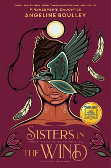 Book cover of Sisters in the Wind by Angeline Boulley, depicting a crow flying in front of the face of a woman, blocking all of her features except her mouth.